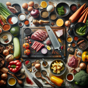 Une image photo-réaliste en gros plan d'une partie de la table de cuisine d'un restaurant professionnel, mettant en évidence une diversité d'ingrédients